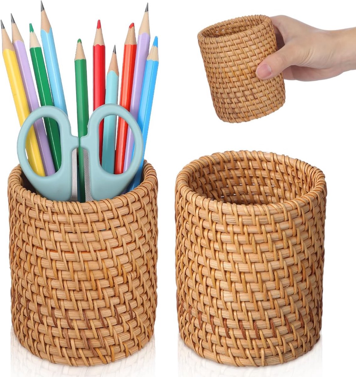SnelShoppen - 2x Rieten Penhouder - Wicker Pencil Holder - Ø8cm x 10cm - Bohemian Hout - Desk Organizer voor Kantoor, Studie, Thuis - Perfect voor Pot