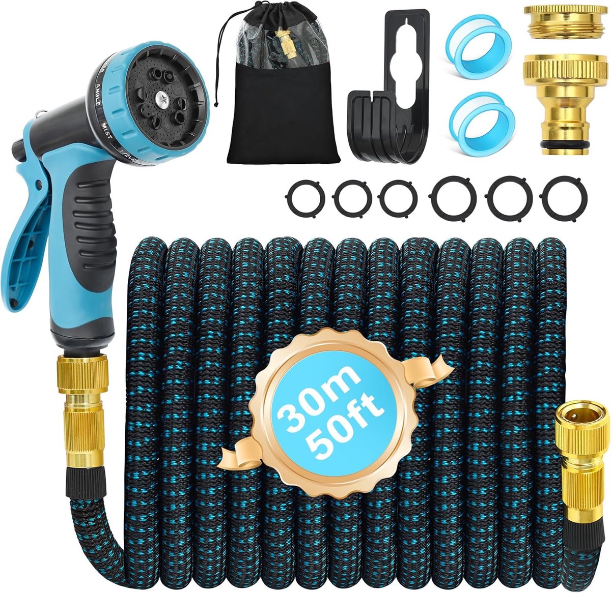 Thijox - Flexibele tuinslang 30 m met 10 functies slangmondstuk, rekbare slang, messing adapter 1/2 inch en 3/4 inch, wandhouder voor buiten, blauw, i