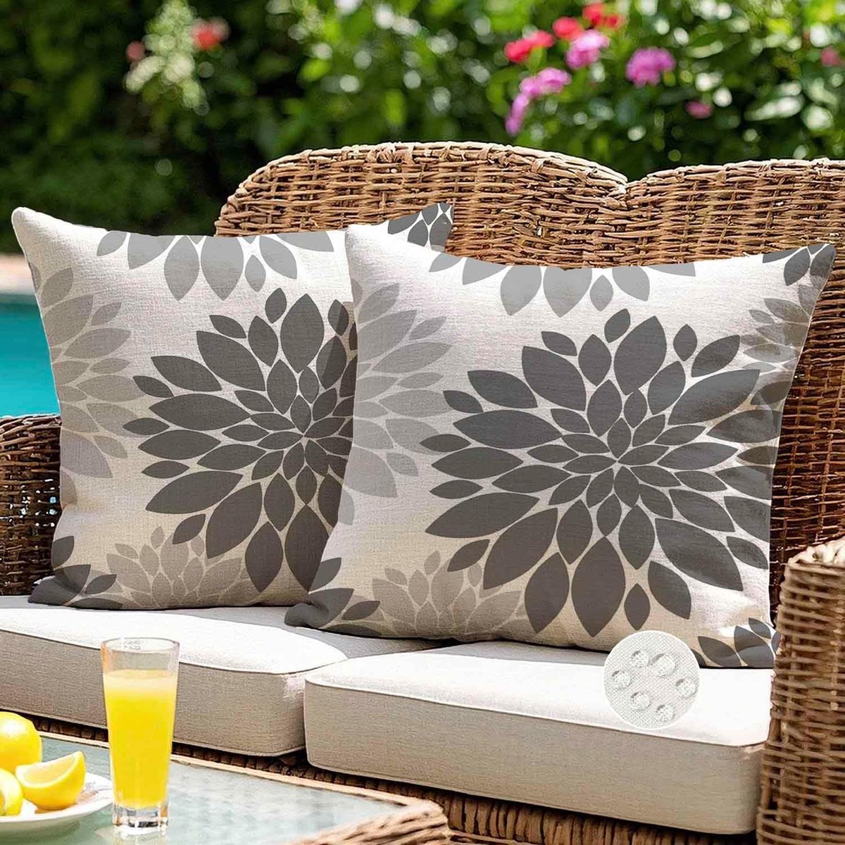 SnelShoppen - Outdoor kussensloop 40 x 40 cm, grijs met bloemen, weerbestendig sierkussen voor tuin en woonkamer, dahlia's, kussenhoezen voor bank en