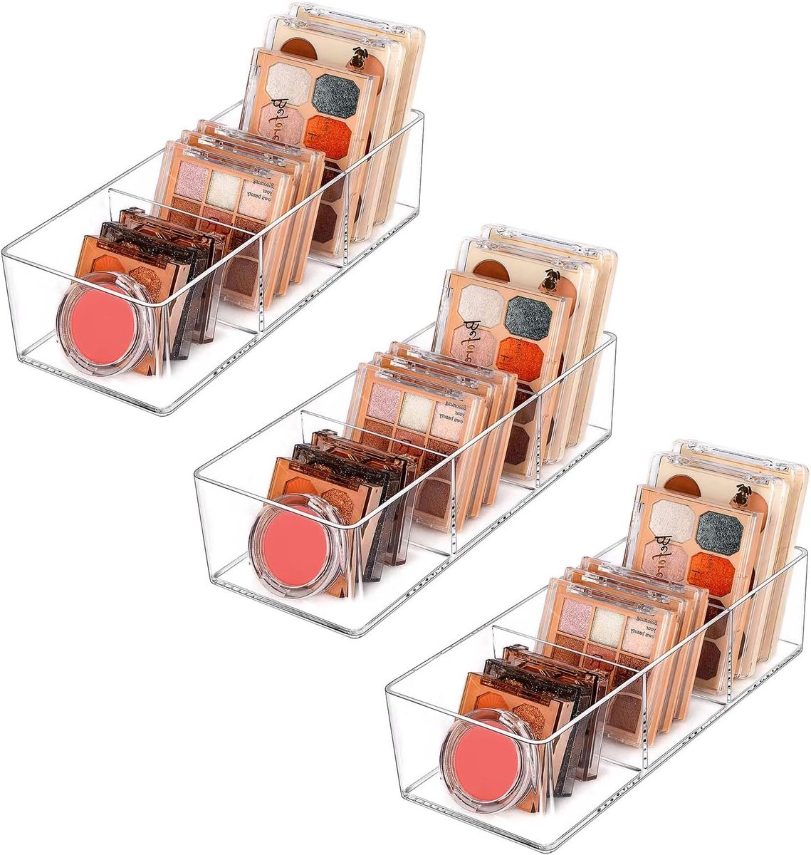 SnelShoppen - 3-Compartment Acryl Make-up Organizer, Cosmetica Opbergen, Sieraden Display, Desk, Badkamer, Vanity, Compact, 3-Pack