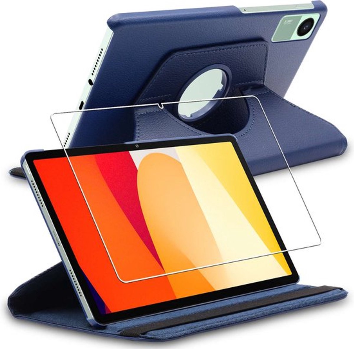 ebestStar - Hoes geschikt voor Xiaomi Redmi Pad SE, Roterende Etui, Case, 360° Draaibaar hoesje, Donkerblauw + Gehard Glas