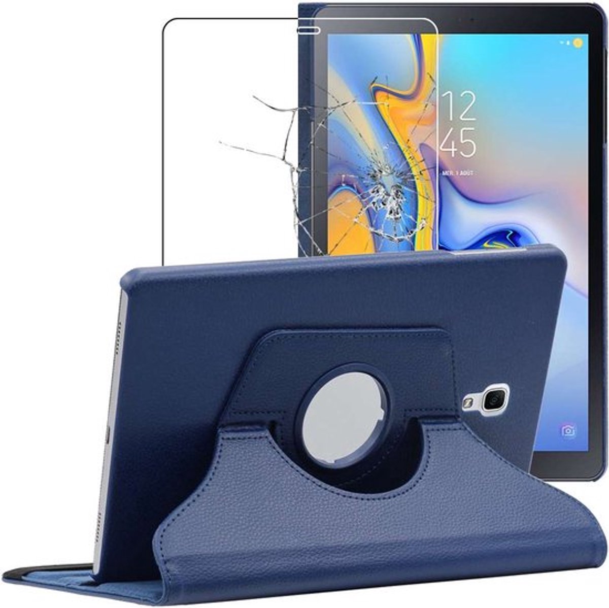 ebestStar - Hoes geschikt voor Samsung Galaxy Tab A 10.5 (2018) T590 T595, Roterende Etui, Case, 360° Draaibaar hoesje, Donkerblauw + Gehard Glas