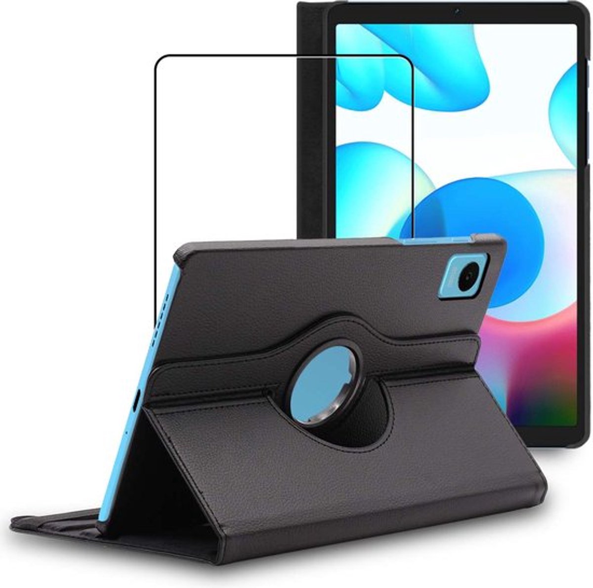 ebestStar - Hoes geschikt voor Realme Pad mini 8.7 (2022), Roterende Etui, Case, 360° Draaibaar hoesje, Zwart + Gehard Glas