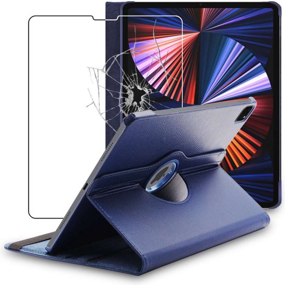 ebestStar - Hoes geschikt voor iPad Pro 12.9 M1 2021, 2020 Apple, Roterende Etui, Case, 360° Draaibaar hoesje, Donkerblauw + Gehard Glas