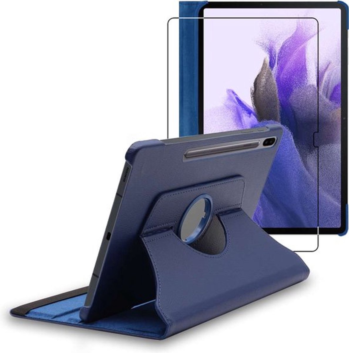 ebestStar - Hoes geschikt voor Samsung Galaxy Tab S7 FE T730, 5G T736B, Roterende Etui, Case, 360° Draaibaar hoesje, Donkerblauw + Gehard Glas
