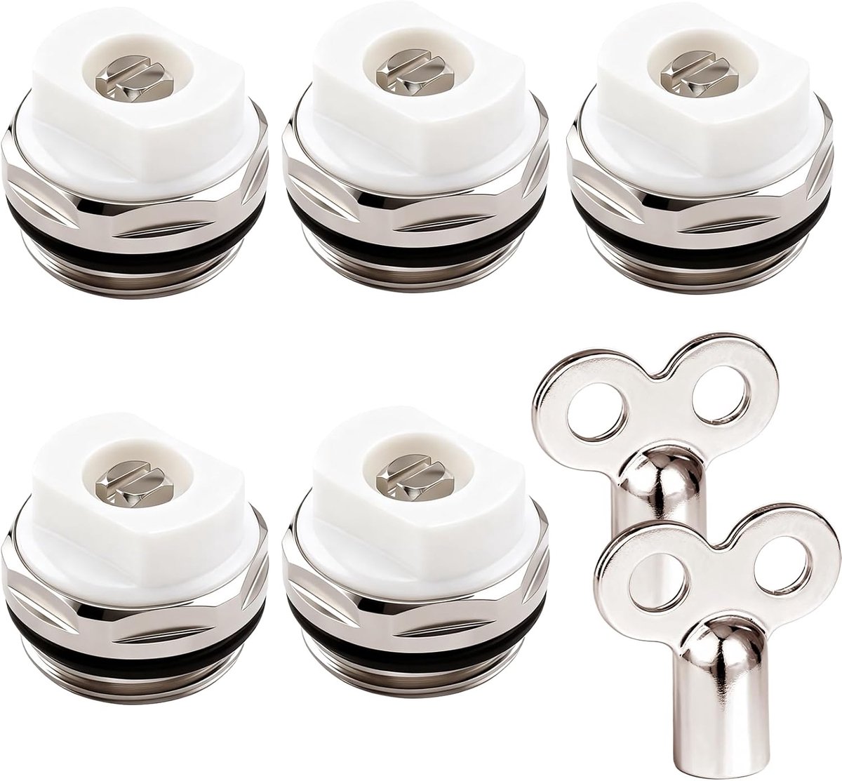 SnelShoppen - 5 Radiator Ventilatie Ventiel Set met 2 Sleutels - 1/2 Inch Vernikkeld Messing voor Verwarmingssystemen - Compleet Manual Vent Kit met U