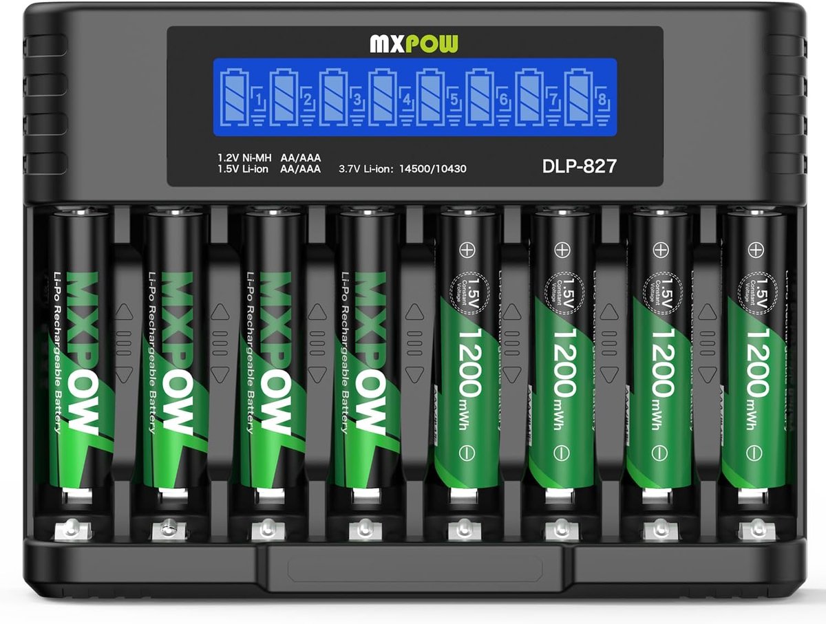 SnelShoppen - AAA Oplaadbare Batterijen 1.5V Lithium 8 Stuks met Slimme LCD Oplader 1200mWh Hoge Capaciteit 1500 Cycles - Ideaal voor Camera's, Flitse
