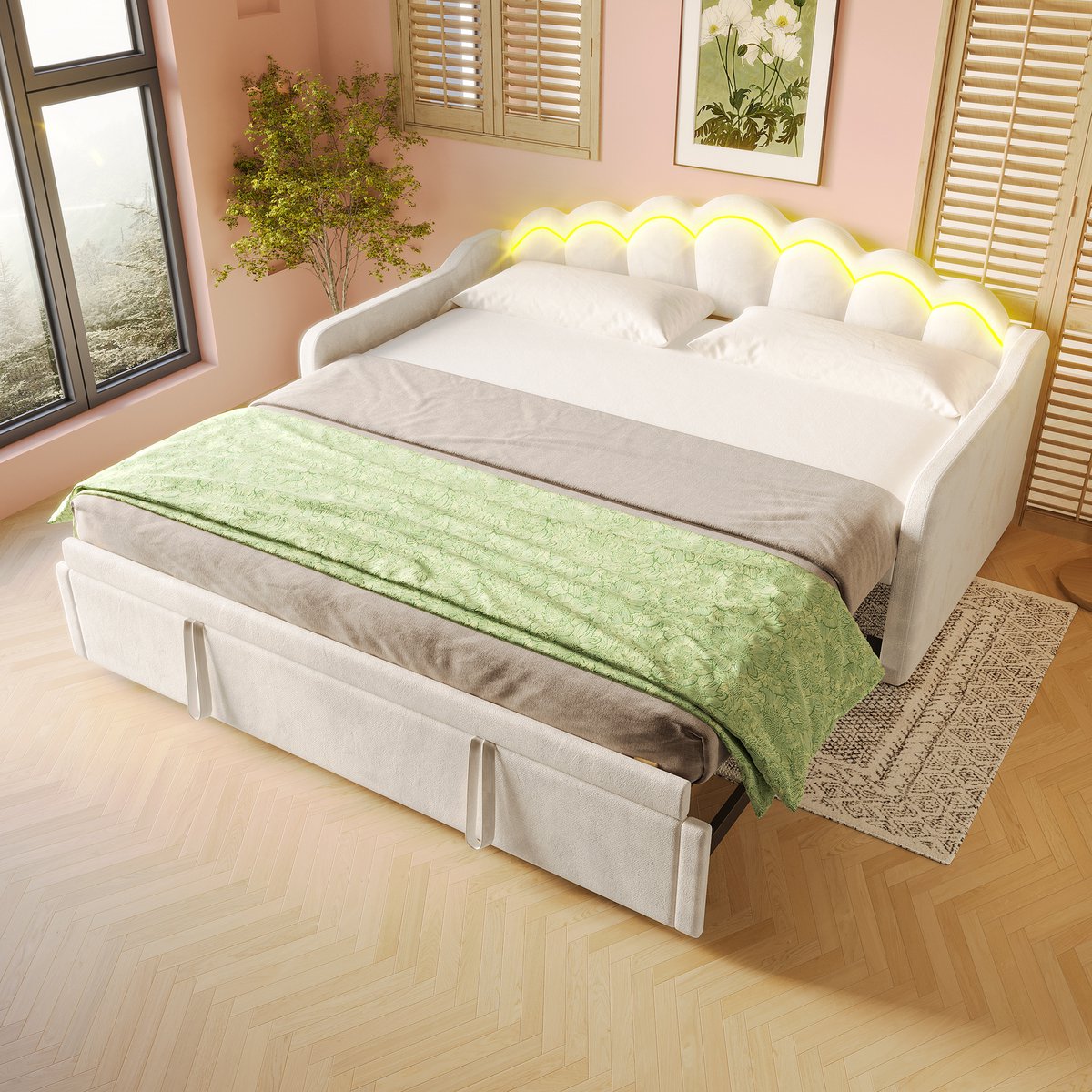 Bedbank 90x200 cm - Uitschuifbaar Dagbed Met LED-Verlichting En Golfvormig Hoofdbord - Zonder Matras - Stof En MDF - Beige
