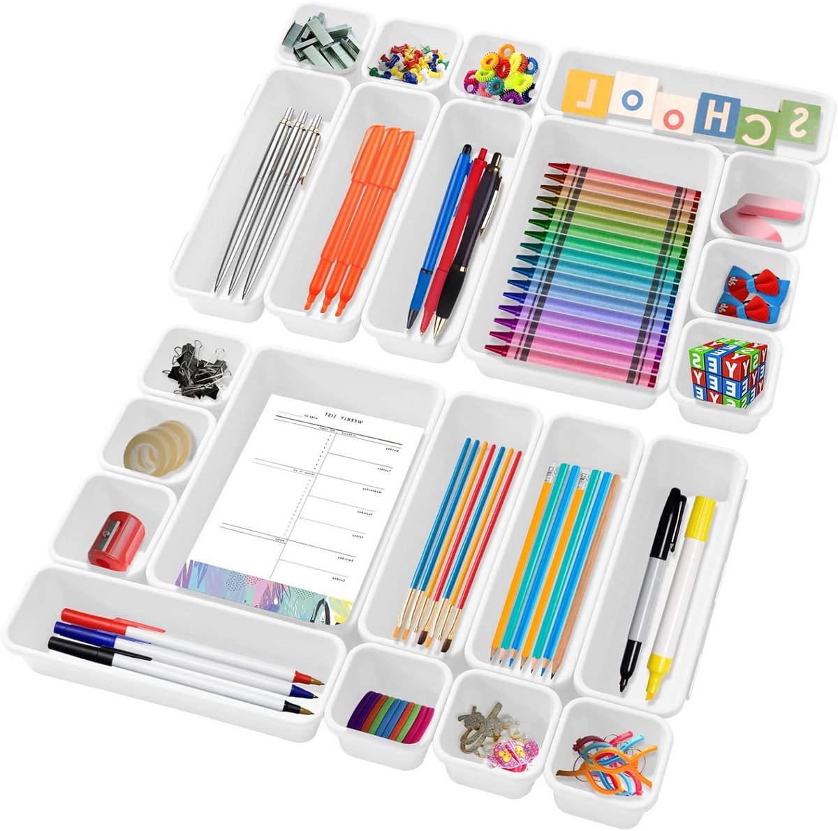 Opbergset voor Lades, 22 Stuks, Organisator voor Keuken, Bureau en Badkamer, Ladescheiders en Opbergdozen in Wit