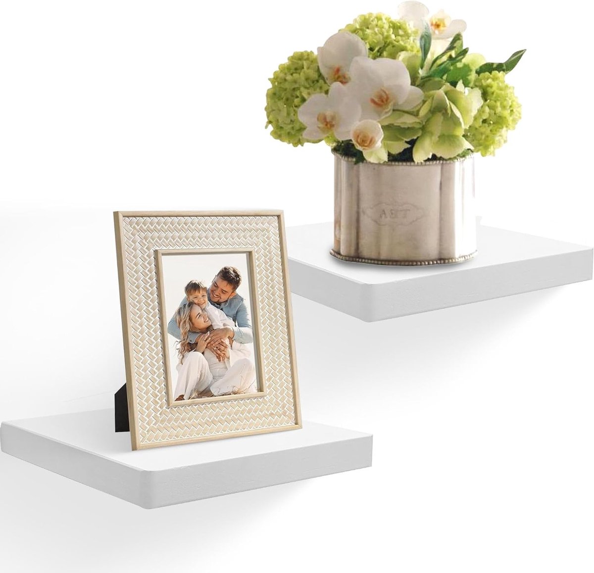 Set van 2 zwevende wandplanken van massief hout, 20,3 cm, decoratieve planken voor badkamer, slaapkamer en woonkamer – Wit en stijlvol