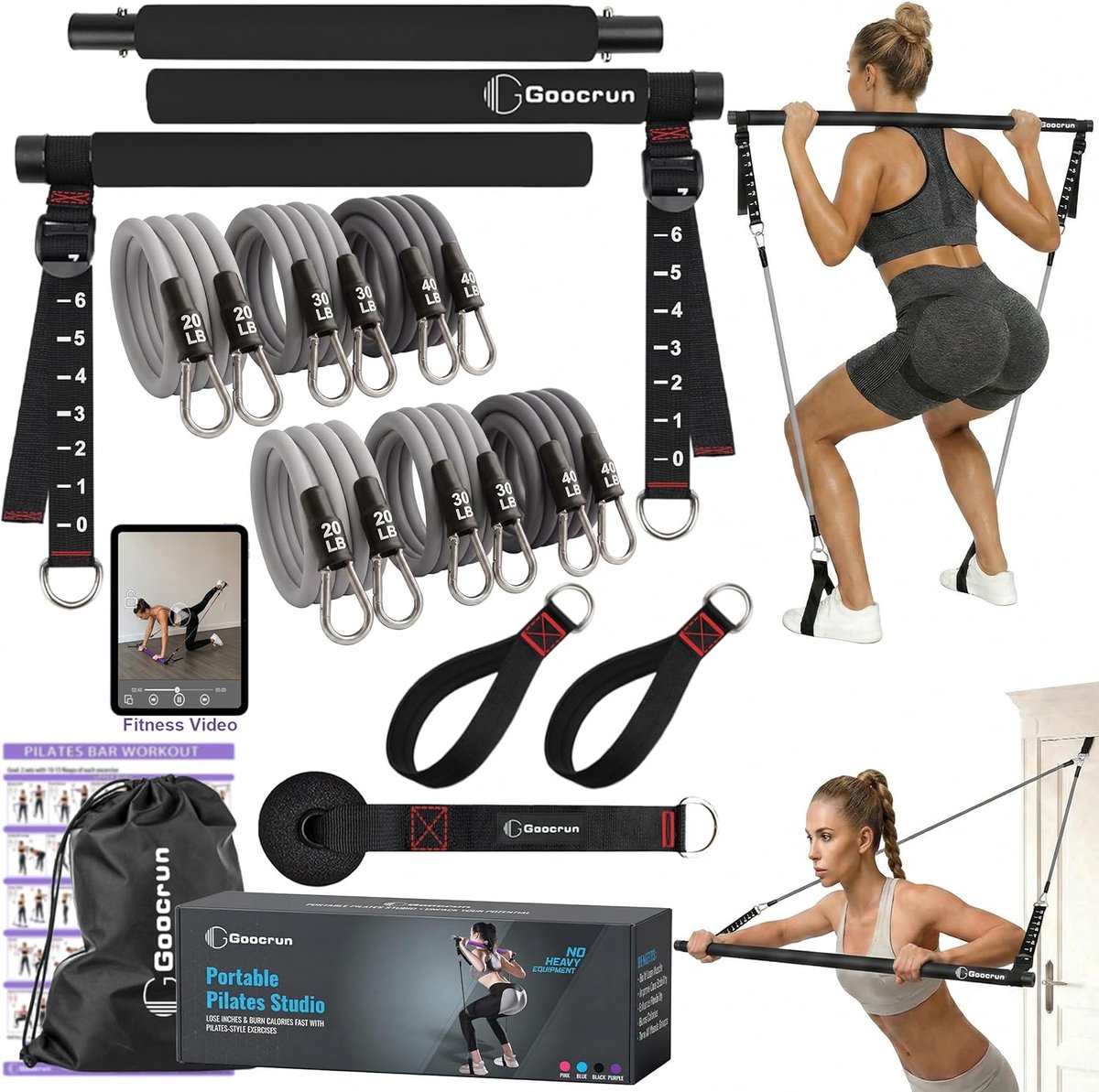 SnelShoppen - Goocrun Pilates Bar Kit met Weerstandsbanden - Draagbare Multifunctionele Thuis Gym - Ondersteunt Volledige Lichaamstraining - Inclusief