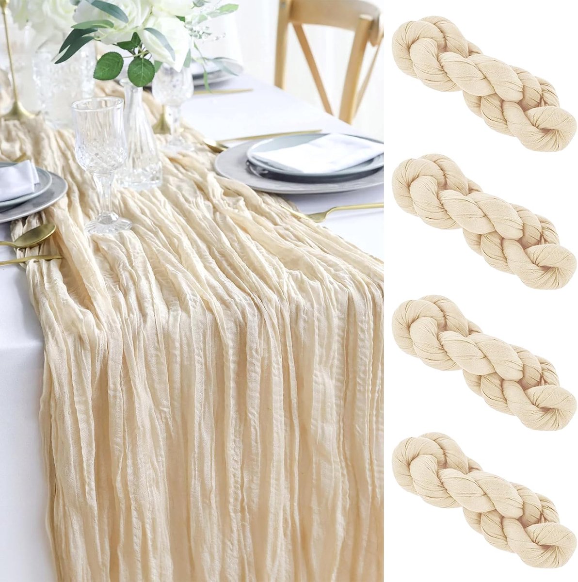 SnelShoppen - Seihdoek Table Runner Set van 4 Beige Cheesecloth, 90 x 300 cm, Semi-Transparante Tafelrunner voor Boho Bruiloft, Verjaardag, en Feestde
