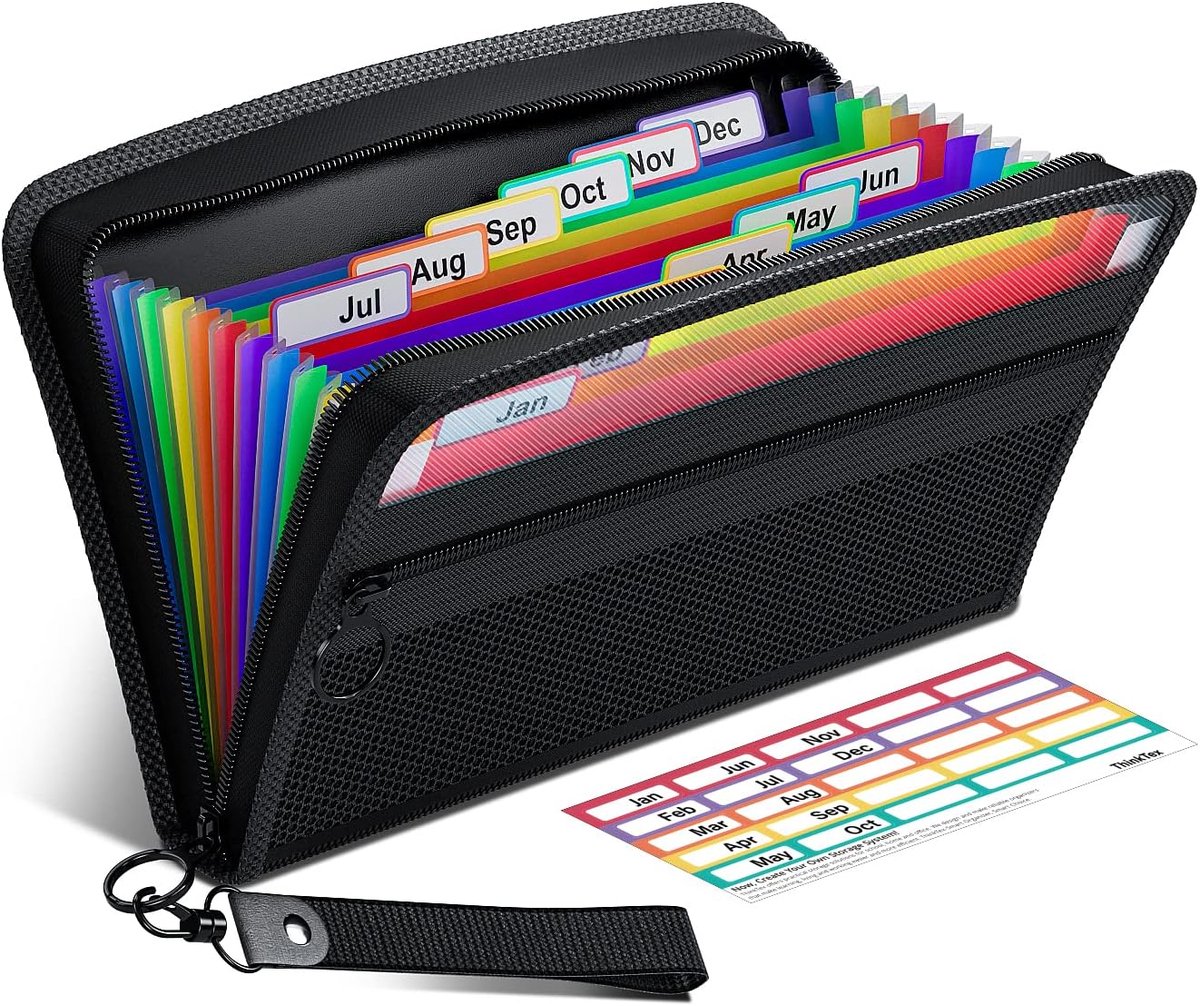 SnelShoppen - Receipt Card Organiser 12-Pockets - Compact Accordion File Organizer 11x6 Inch - Zipper Closure - Multi-Color Labels - Perfect voor Coup