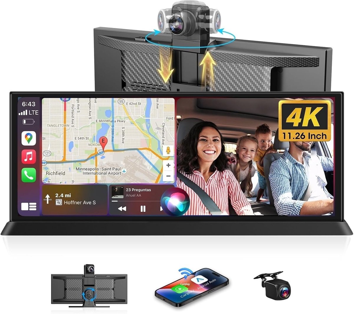 SnelShoppen - 27.9 cm HD Touch Carplay Auto Radio - 4K Display met 350° Front Camera, 64G SD, G-Sensor en Loop Recording voor GPS Navigatie
