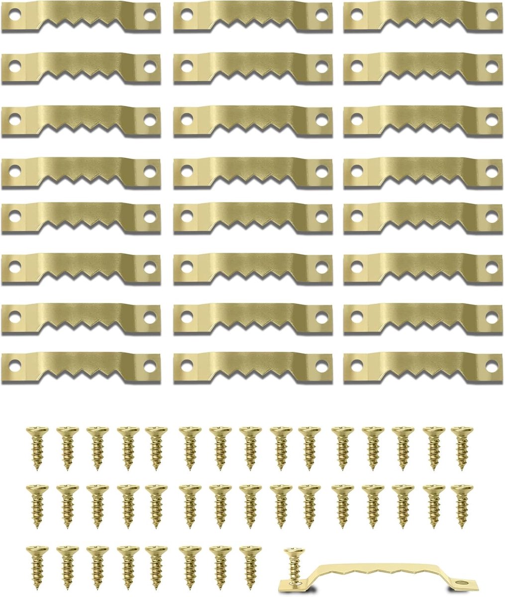 SnelShoppen - 40 Stuks Zaagtand Hangers Goud - Schilderij Ophang Systeem met 80 Schroeven - Metaal Foto Lijsten Haken voor Wanddecoratie, Canvas en Fo