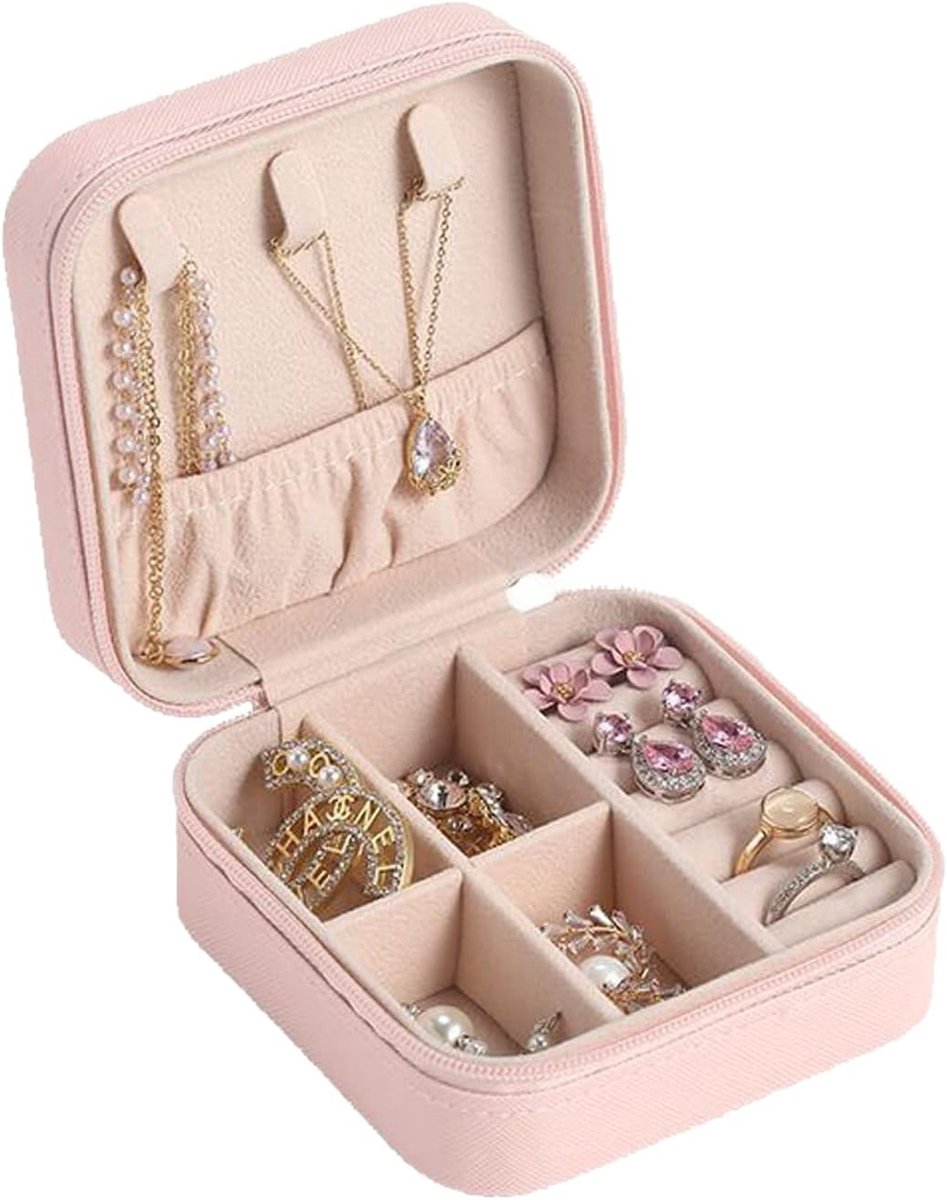 SnelShoppen - Hotype Sieraden Doos voor Vrouwen, Draagbare Sieraden Organiser voor Reizen, Necklace, Oorbellen, Armbanden, Ringen, Roze, PU Leer