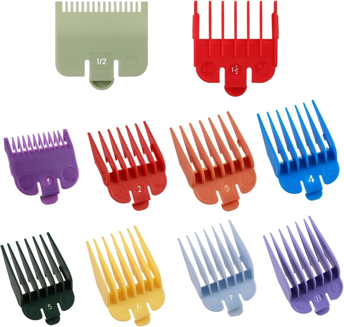 SnelShoppen - 10 Stuks Tondeuse Beschermers Set voor Wahl Tondeuses - Professionele Haar Snijkammen Gidsen - 1/16 tot 1 inch (1,5 mm tot 25 mm) - Duur
