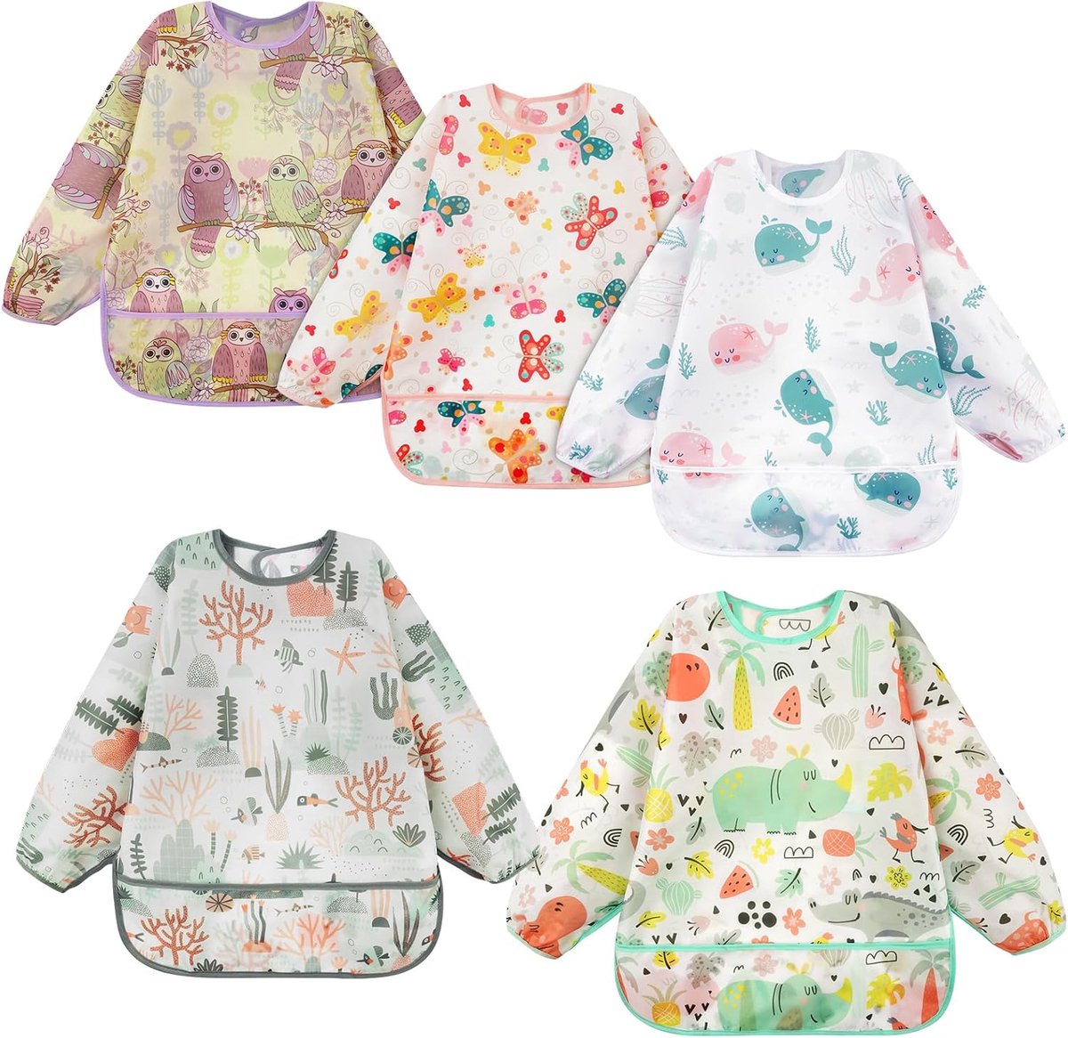 SnelShoppen - Vicloon Lätzchen Baby met Ärmel, 5 Pack, Abwaschbare Ärmellätzchen, Unisex Lätzjeset voor Eten, Kunst, Handwerk en Spelen voor 6-24 Maan