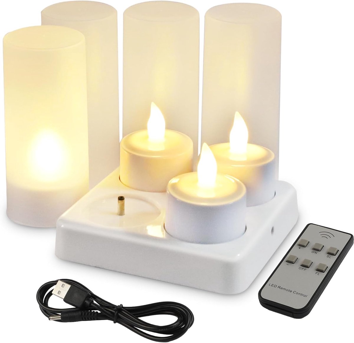 SnelShoppen - Oplaadbare LED Kaarsen, Vlakke Tealight Flameless met Oplaadstation, Houder, Set van 4 (Warm Wit met Afstandsbediening)