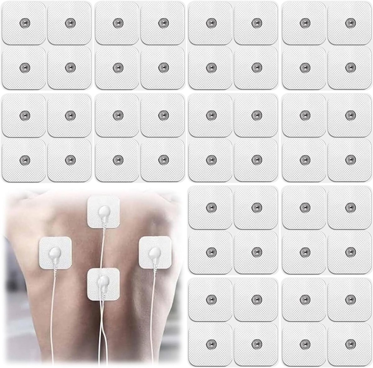Zelfklevende TENS Electrode Pads - 32 Stuks, 50x50mm, Geschikt voor Pijnbestrijding en Spierontspanning, Inclusief Retaining Kit en 3.5mm Aansluiting