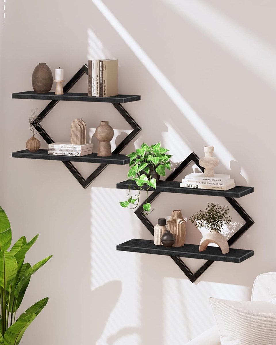Set van 2 zwevende wandplanken, 2-laags ophangplanken voor woonkamer, slaapkamer en kantoor, zwart