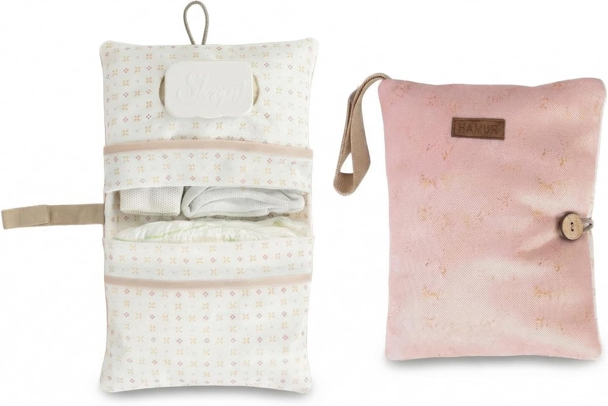 SnelShoppen - Luiertas en Organizer voor Baby, 2-in-1 Compact, Effen Roze, Ideaal voor Onderweg, Veel Opbergruimte voor Luiers, Doeken, Crème, Babyacc