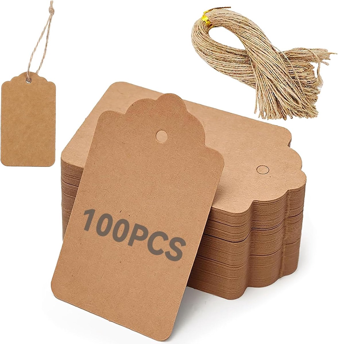 SnelShoppen - 100 Bruine Cadeaulabels met Jute Koord, 4x7 cm, Voor Cadeauverpakking, Bruiloft, Feest en DIY Knutselen