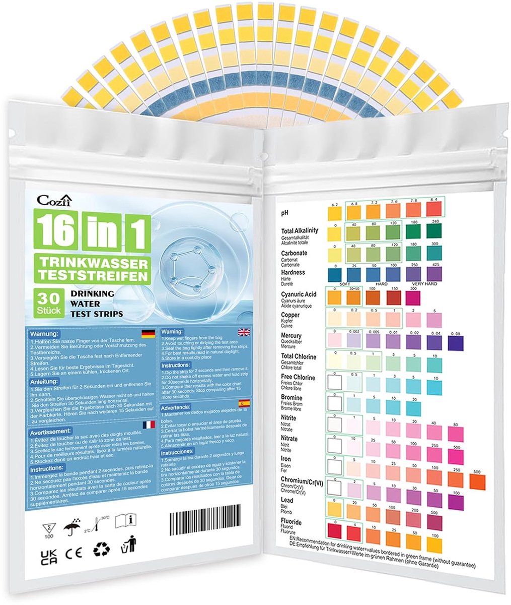 SnelShoppen - 16-in-1 Drinkwater Teststrips - pH, Chloor, Hardheid, 30 Stuks - Eenvoudig en Betrouwbaar voor Thuis, Camping en Keuken