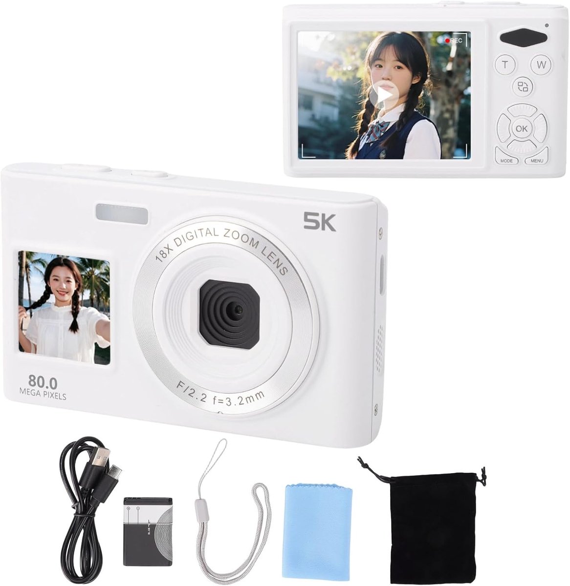 SnelShoppen - Digitale Camera 80 MP 5K Dual Screen voor Selfies - 18x AF Zoom, Automatische Focus, Creatieve Filters en Schoonheid voor Fotografie en
