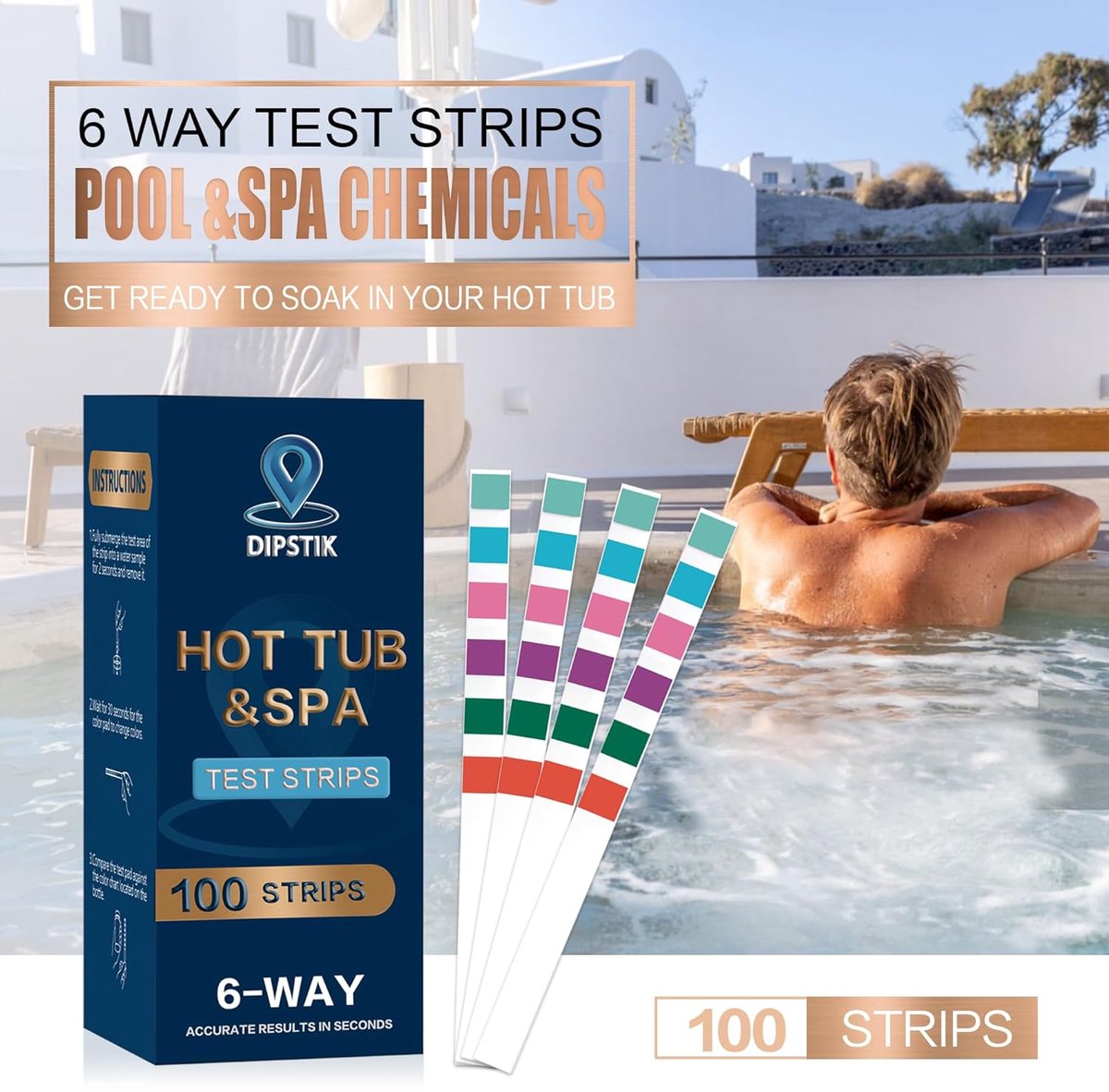 SnelShoppen - 6-Way Pool Water Test Strips - 100 Chemische Teststrips voor Zwembad en Spa - Nauwkeurige Metingen van pH, Vrije Chloor, Bromine, Totaal