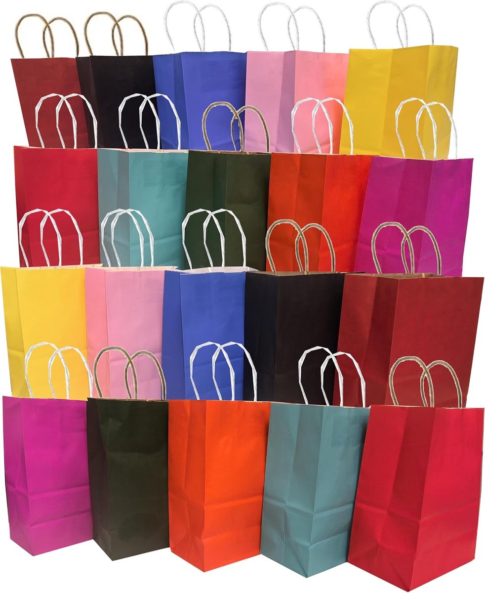 SnelShoppen - 20 Stuks Medium Cadeauzakken met Handvat, 27x21x11 cm, Kraft Papier, Kleurrijke Gift Bags in 10 Kleuren voor Feesten, Kinderen, Verjaard