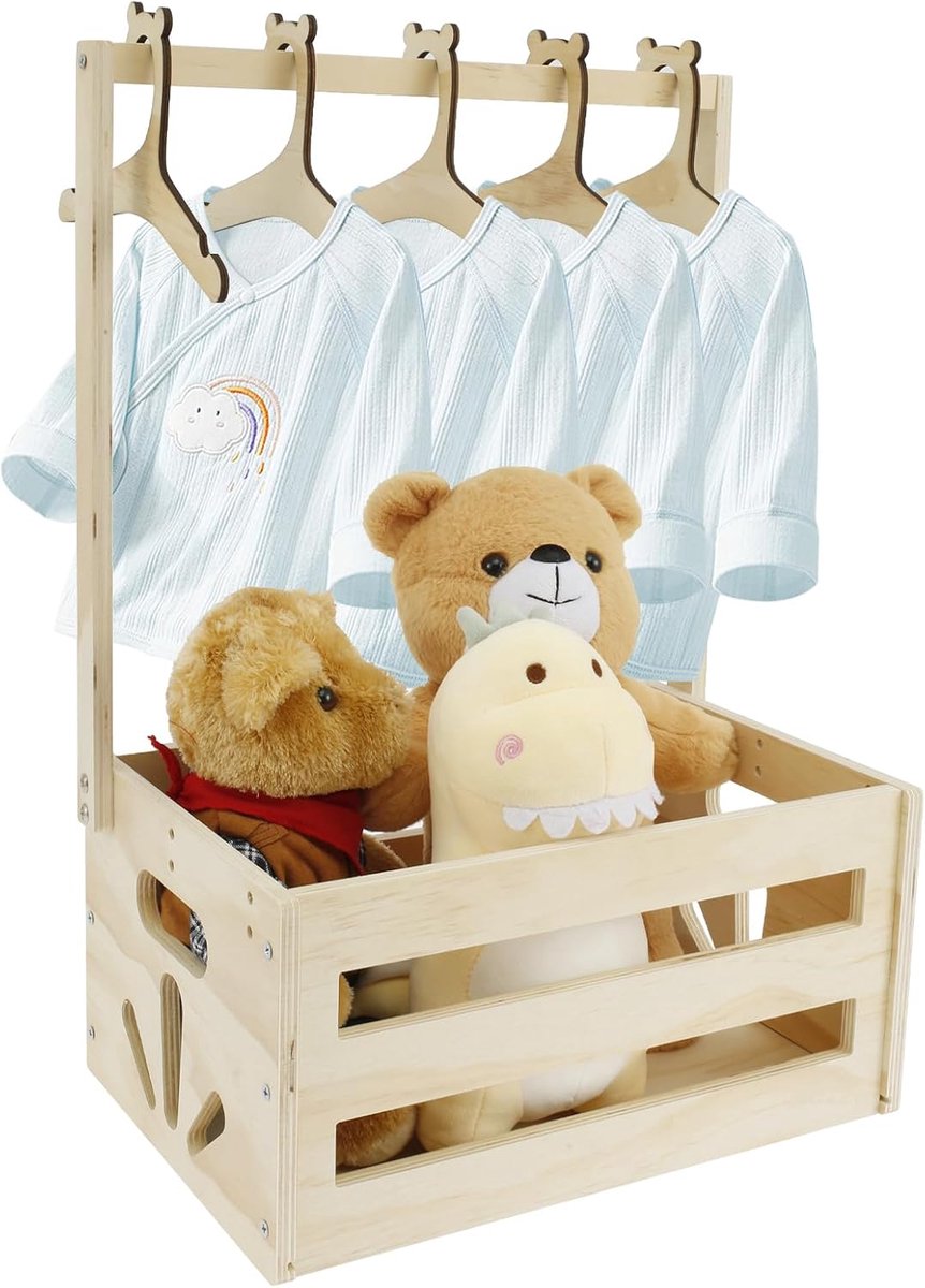 SnelShoppen - Houten Baby Shower Kist met Handvat - Baby Mand Geschenken - Wasmand voor Kinderen - Inclusief 5 Kledinghangers - Ideaal Kraamcadeau en