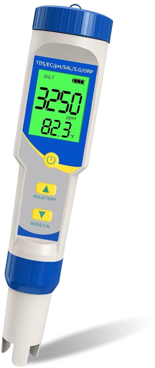 SnelShoppen - 7-in-1 Salinity pH Meter voor Zoutwater Zwembad - EC, TDS, ORP, Temperatuur Tester - Waterkwaliteit Meter voor Zwembad, Aquarium, Whirlp