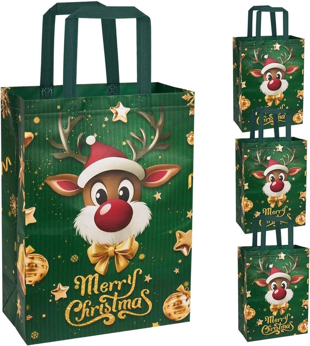 SnelShoppen - Grote Kersttassen, 4 Herbruikbare Non-woven Kerst Geschenkzakken met Elandprint voor Cadeauverpakking, Perfect voor Feestdagen
