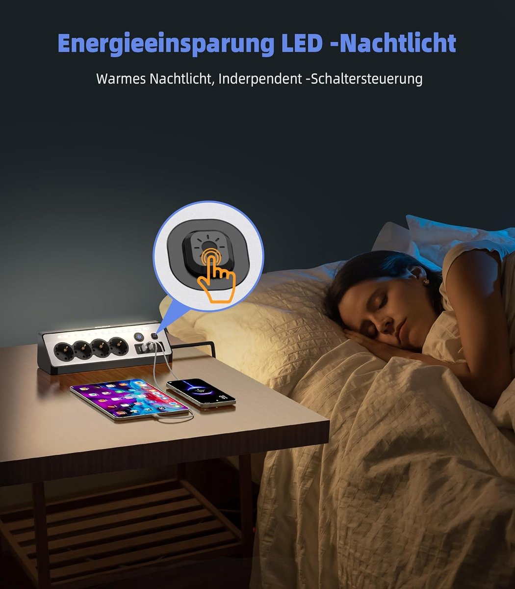 SnelShoppen - Desk Power Strip 4-Way Meerdere Stopcontacten met USB en 2 Type-C Poorten, 16A 3680W Hoek Stopcontacten met 2 Schakelaars, Stroomstrip m