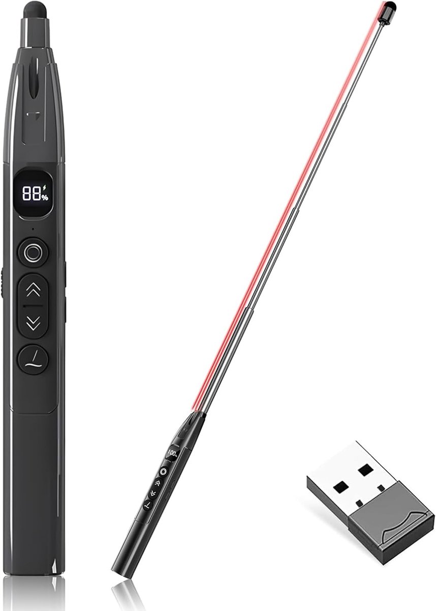 SnelShoppen - Presenter 2.4GHz USB Laser Pointer met 3-Fase Rood Licht, Uittrekbare Wijzer, 199 Minuten Countdown Timer, Compatibel met Windows/Mac/Li
