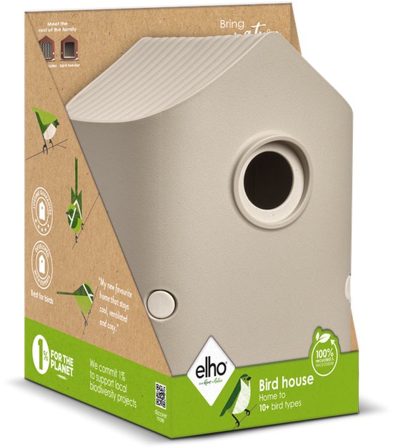 Beige vogelhuisje met gestreepte dakvorm, verpakt in een doos met illustraties en informatie.