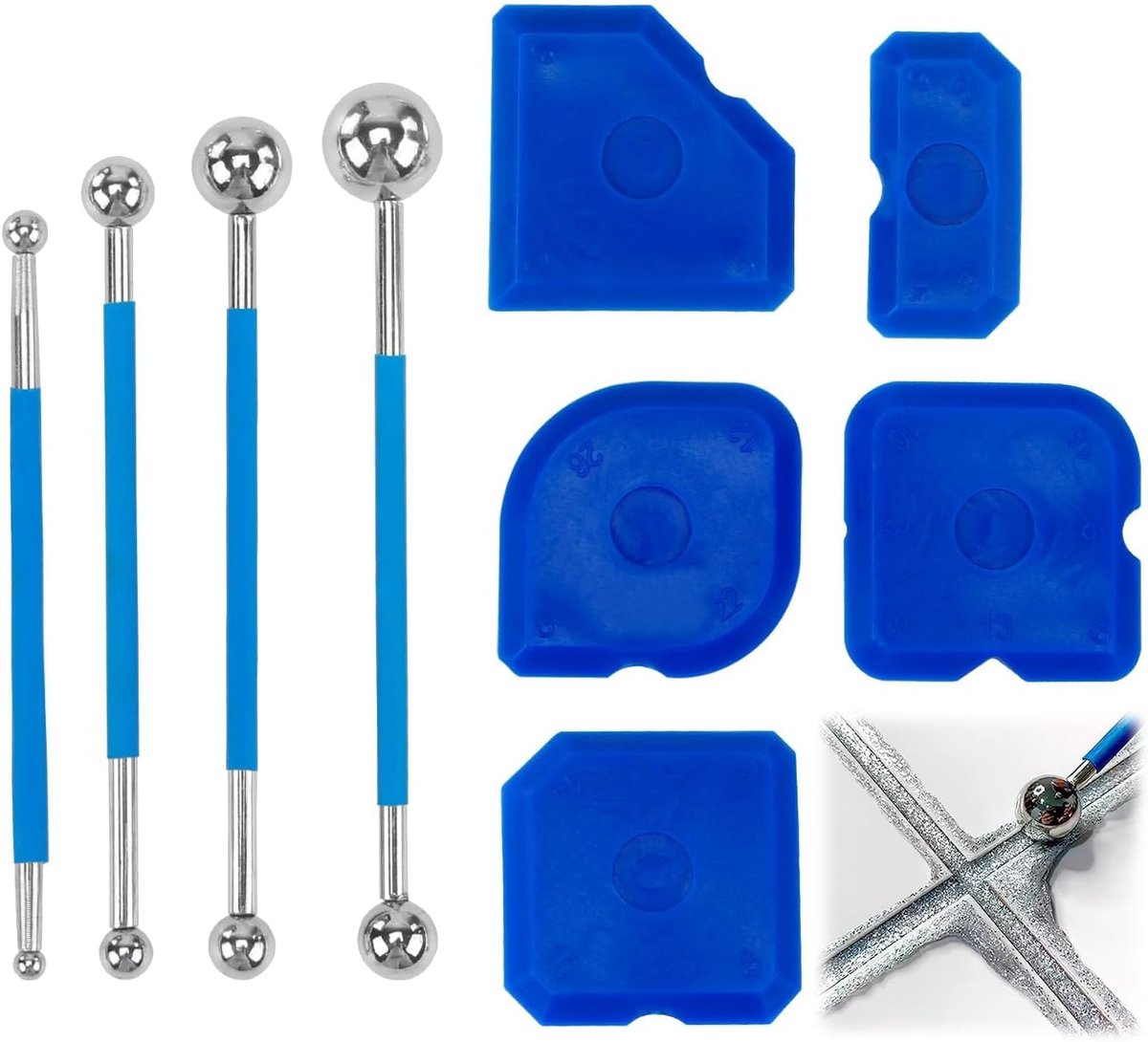 SnelShoppen - 9-delige Gereedschap Scraper Set, Voegdecorateur Set met 4 Metalen Ballen en 5 Siliconen Verwijderaars voor Tegelvoegen in Keuken en Bad