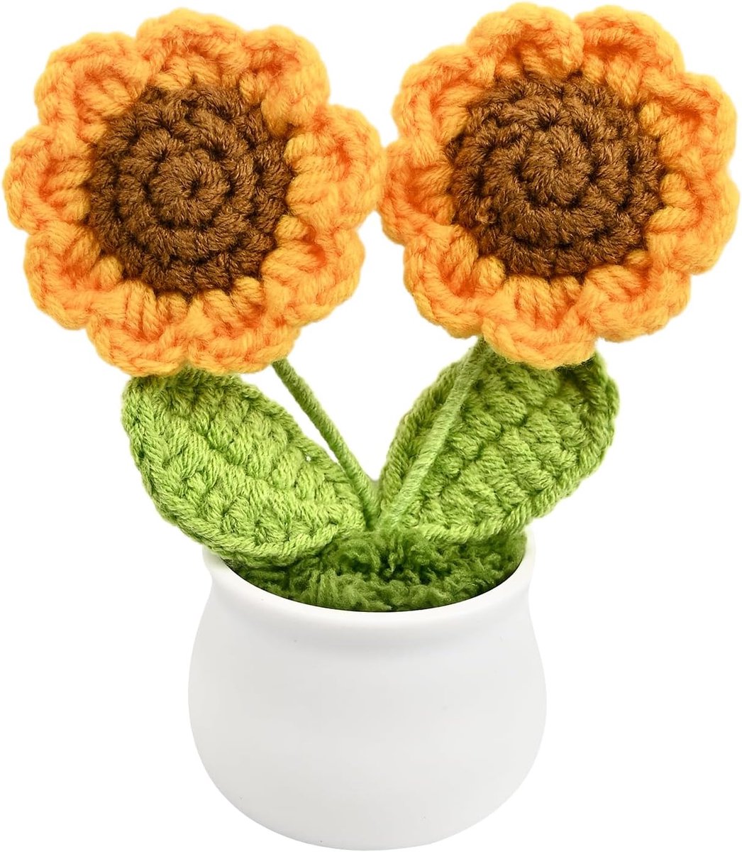 SnelShoppen - Gehaakte Bloemen, Dubbele Zonnebloemen in Pot, Decoratie voor Thuis en Kantoor, Duurzaam, Cadeaus voor Vrouwen, 10x12cm, Premium Melk Ka