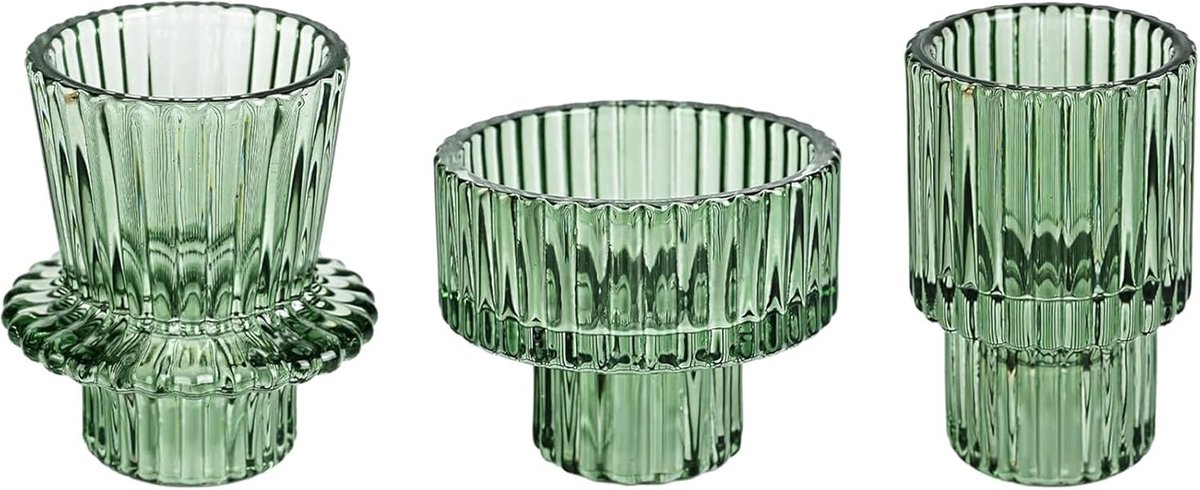 SnelShoppen - Set van 3 Groene Glas Kandelaar Houder, Votive Kaarsenhouders, Kolom Taper Decoratie Centerpiece voor Tafel, Crystal Theelicht Kaarsenho