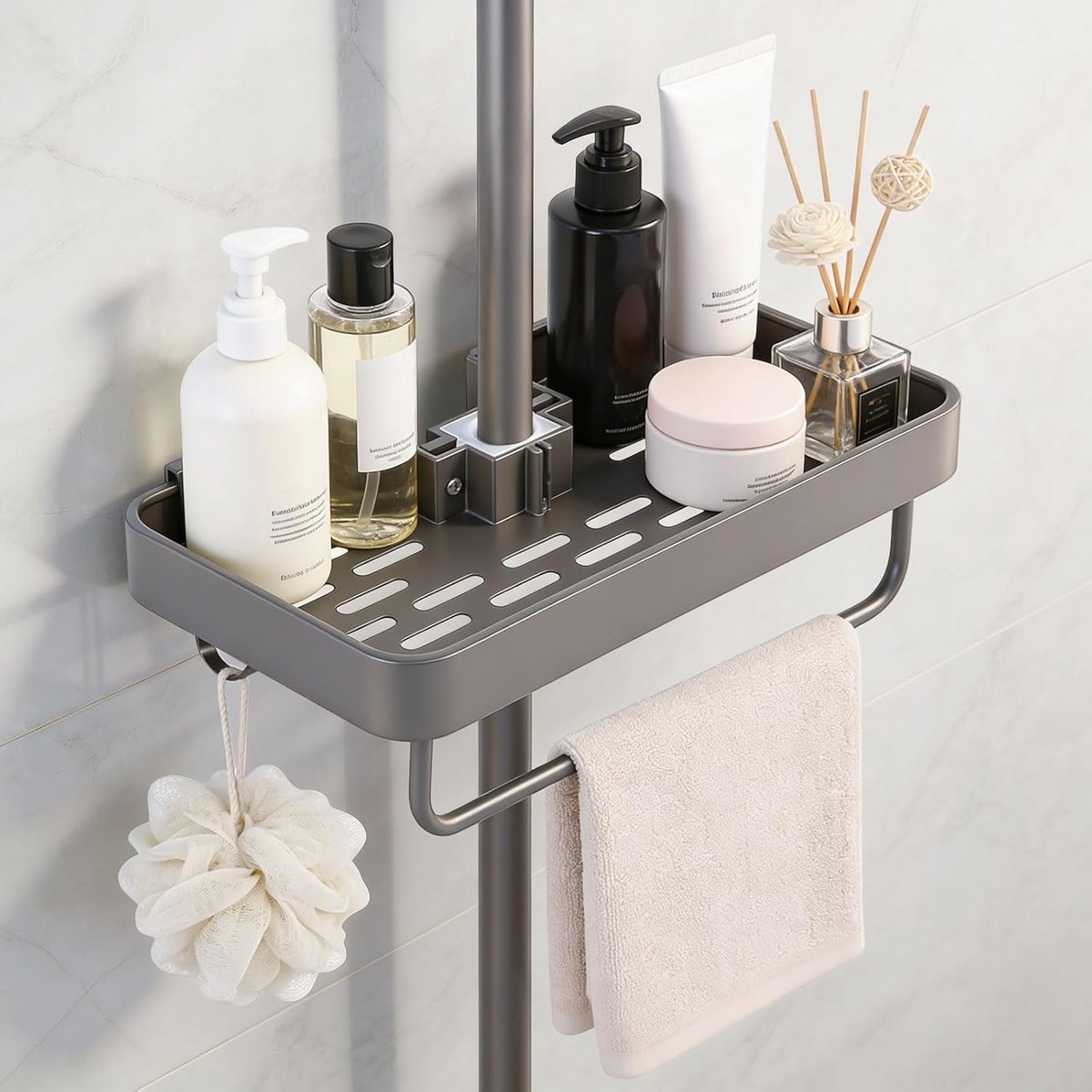 SnelShoppen - Aluminium Doucheschap zonder Boren met 2 Haken, Stabiliteitsgarantie, Antislip, Geschikt voor Ronde Douchebuis 18mm-25mm, Grote Badkamer