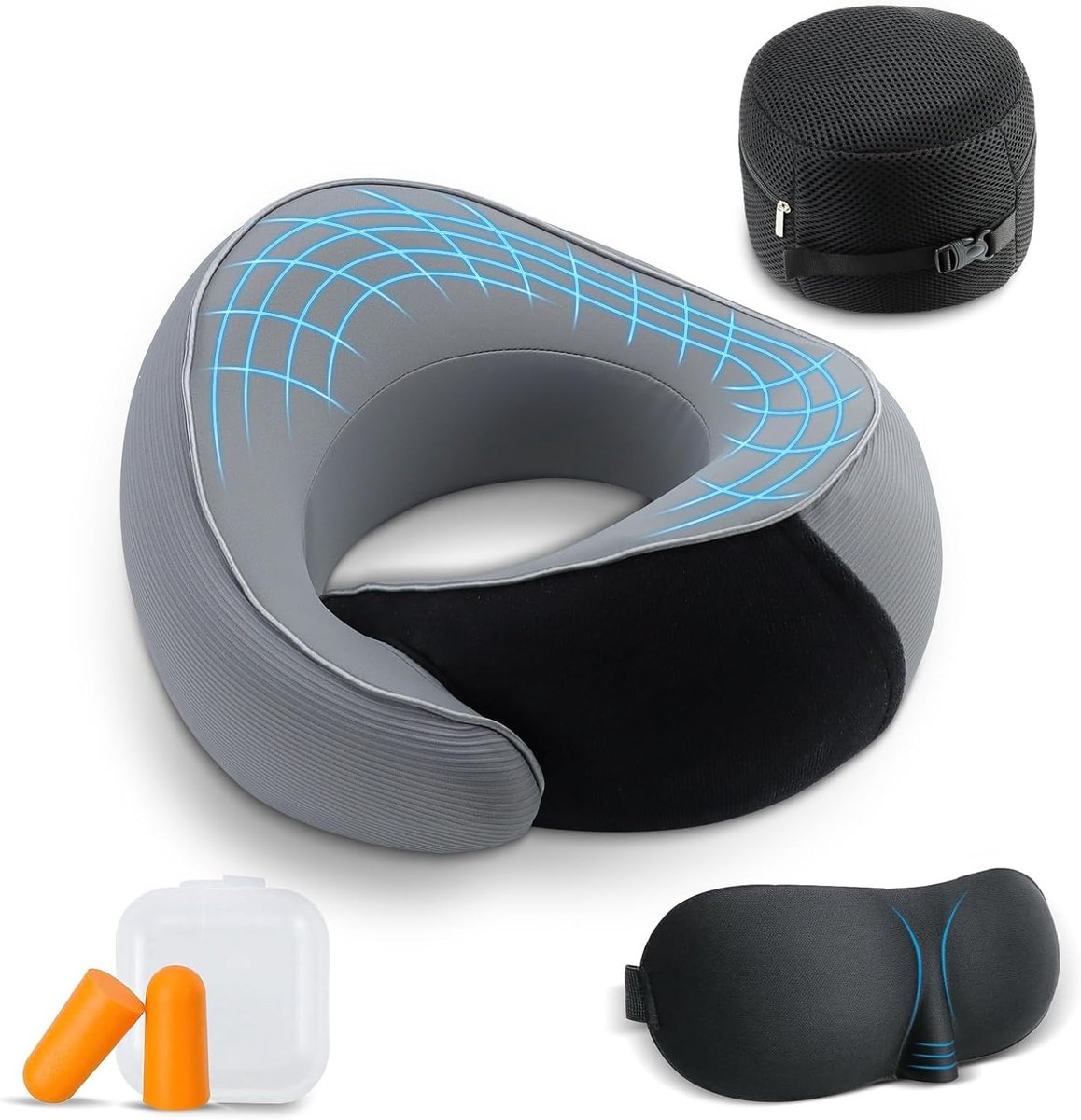 SnelShoppen - Travel Pillow Neksteun Kussen voor Vliegtuig - Geheugenfoam - Draagbaar Reis Kussen met Oogmasker en Oordopjes - Grijs