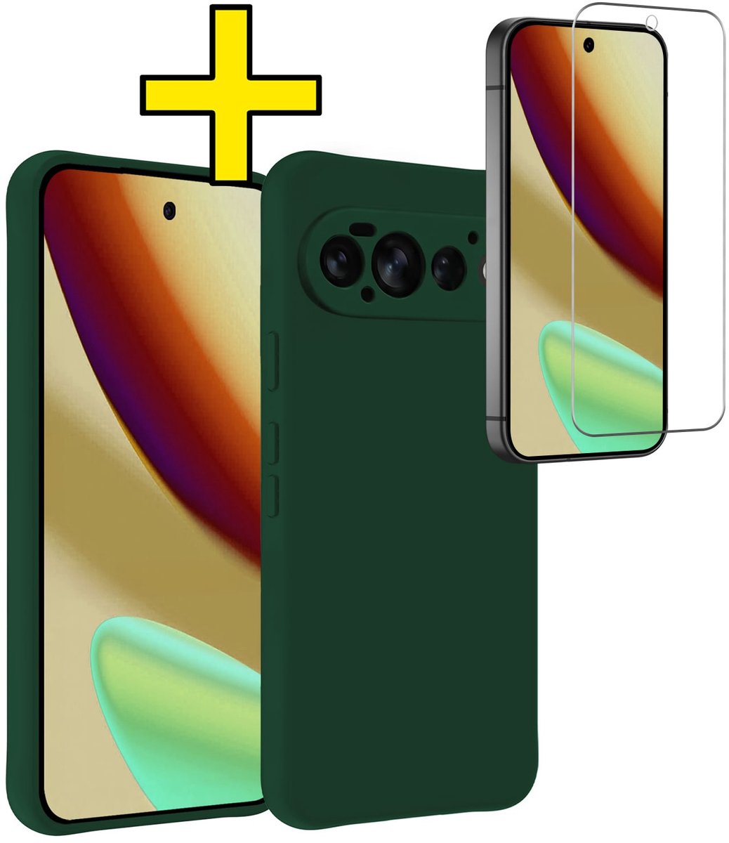 Hoesje - Met Screenprotector - Geschikt voor Google Pixel 11 Pro - Sterk & Shockproof - Back Cover - Siliconen Case - Telefoon Hoes - Telefoonhoesjes - Donkergroen