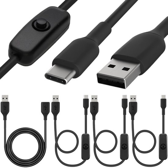 USB Oplaadkabel met Aan/Uit Knop, Snelle USB C naar USB A Verlengkabel voor Raspberry Pi 4, Inclusief USB Mannelijk naar Vrouwelijk Kabel (3 Stuks) voor Gemakkelijk Gebruik en Effi