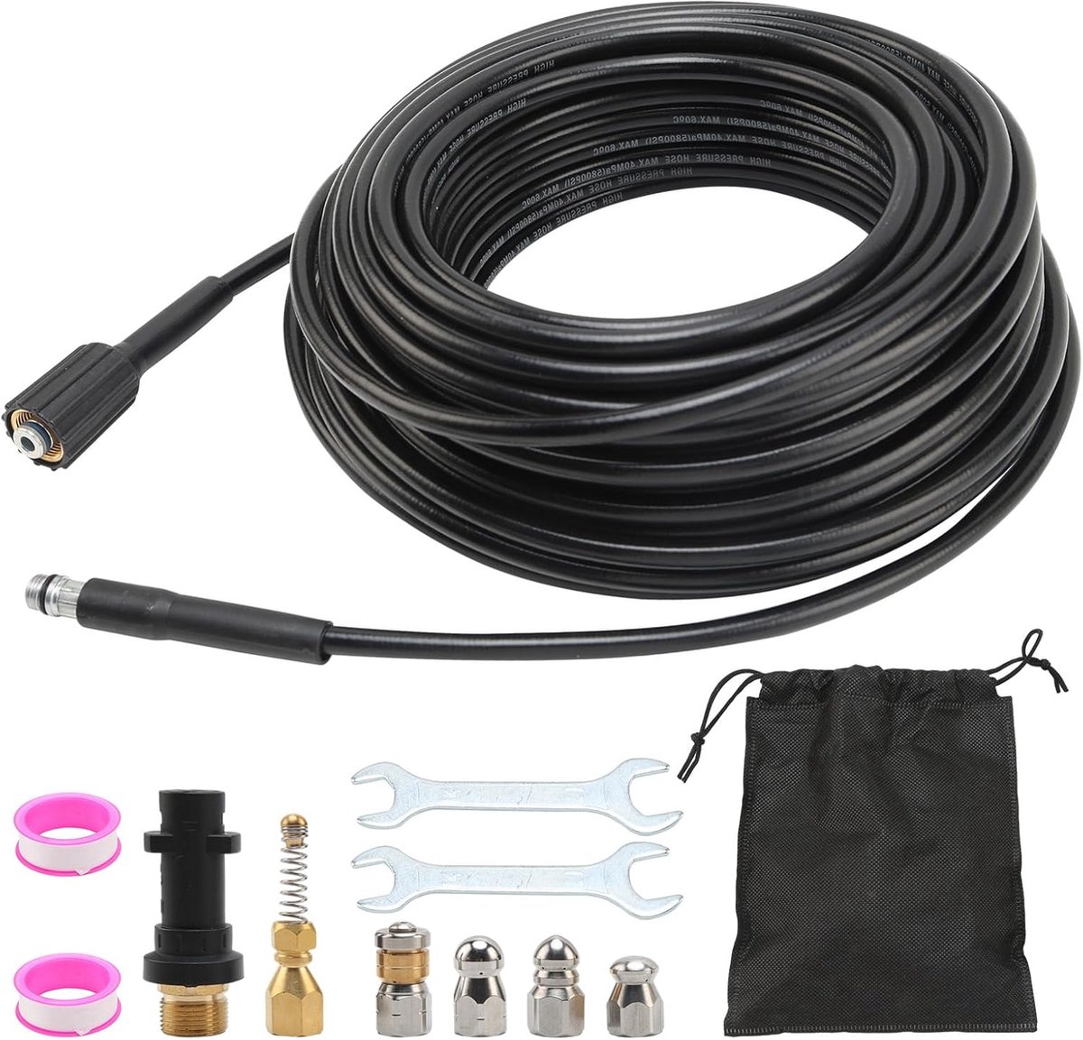 SnelShoppen - Pipe Cleaning Hose 30 m - Hoge Drukslang voor Verstopte Afvoer, Geschikt voor Kärcher K2-K7, 5800 PSI Slang met 5 Doppen en Adapter, Eff