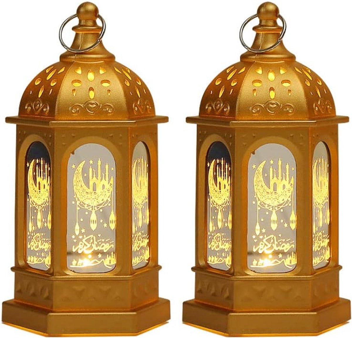 SnelShoppen - 2 Stuks Ramadan Decoratieve Lantaarns, LED Lampen, Vintage Lampen voor Eid Mubarak, Gouden Decoratie, Perfect voor Muslim Huis en Feestj