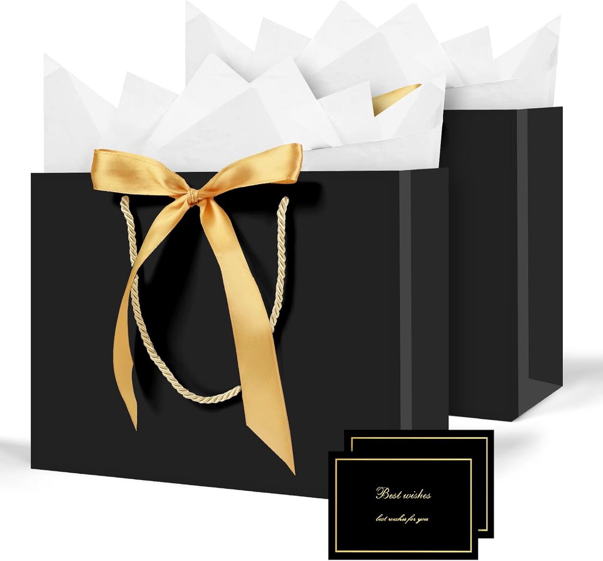 SnelShoppen - 2 Elegante Cadeauzakjes met Handvat en Lint - Papieren Geschenkzakken voor Verjaardag, Bruiloft, Champagne - Inclusief 4 Zijdepapier en