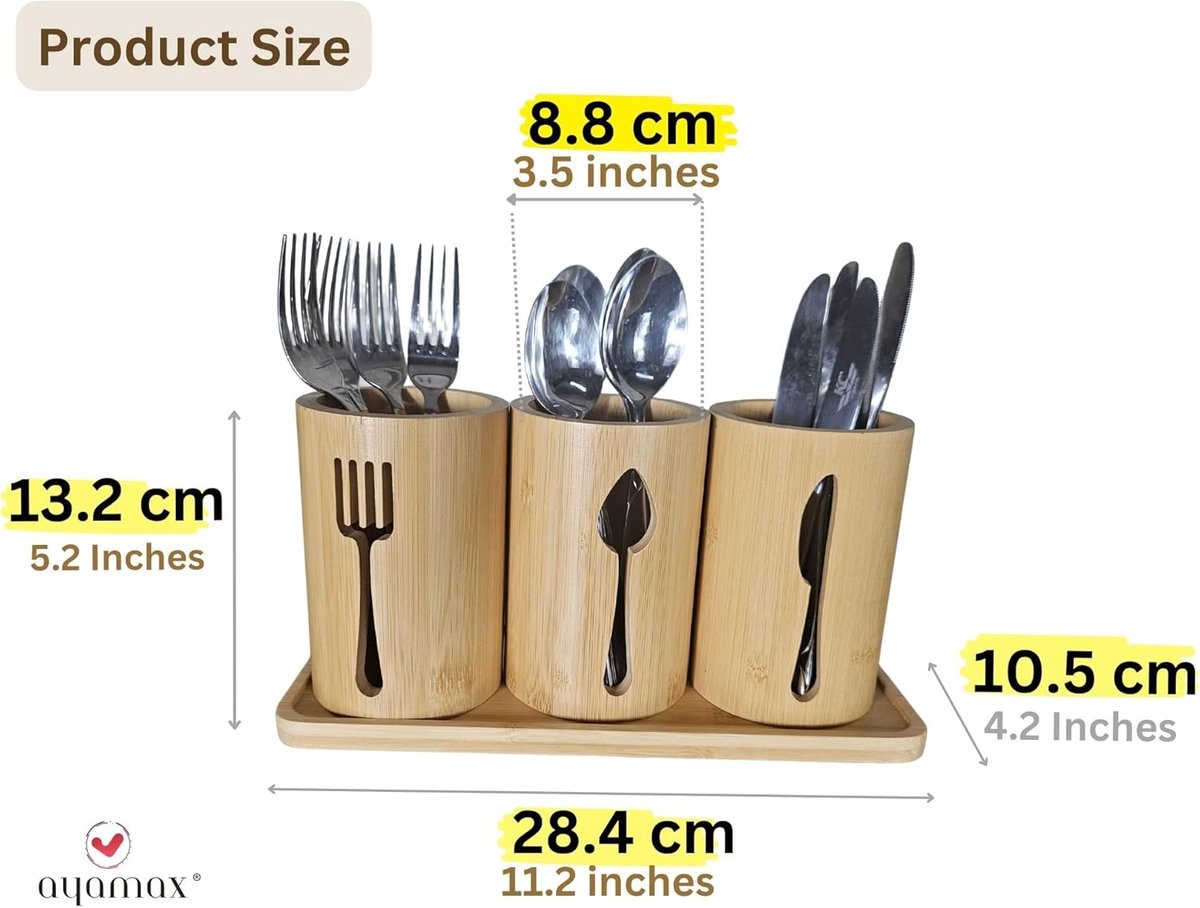 SnelShoppen - Bamboo Cutlery Holder Set - 3 delige Keuken Organizer met Bamboo Tray | Decoratieve Bestekhouder voor Bestek, Lepels, Vorken en Messen |
