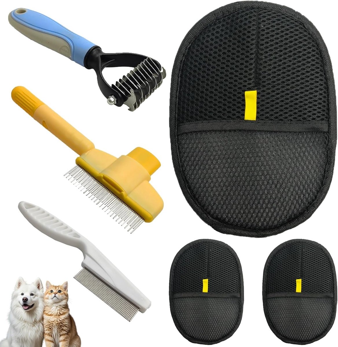 Complete Grooming Set voor Huisdieren - 3x Verwijderhandschoenen, 3x Zelfreinigende Borstels, Vlooienkam en Ontklitkam voor Honden en Katten, Ideaal voor Sofa en Bedden