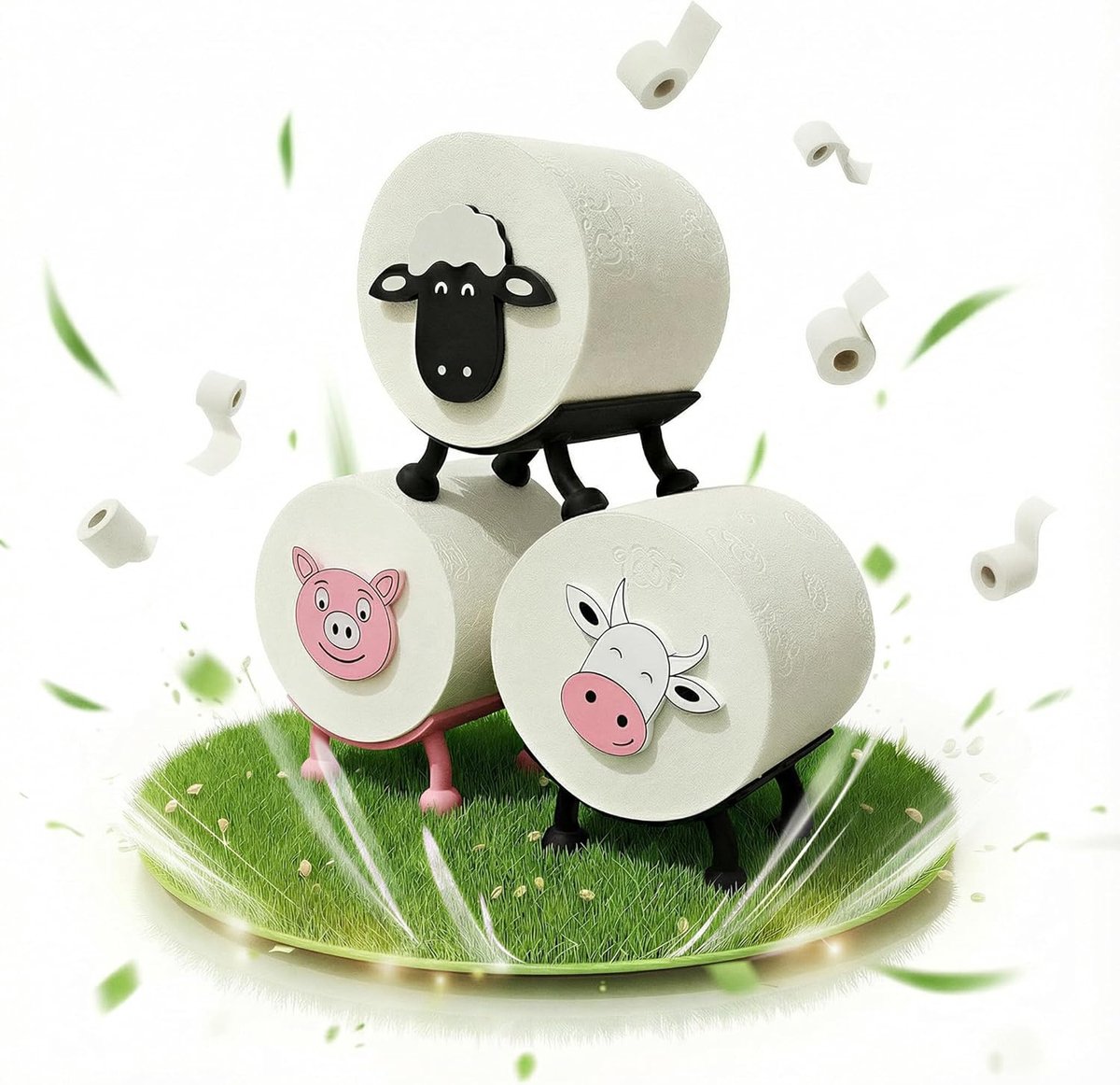 Thijox - Toiletpapierhouder set van 3 met schapen, varken en koe - Grappige staande wc-rolhouders zonder boren - Unieke toiletaccessoires voor badkame